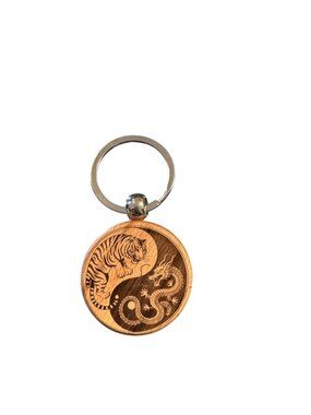 Wooden Keychain with Yin Yang Tiger and Dragon Laser Engraved Design,